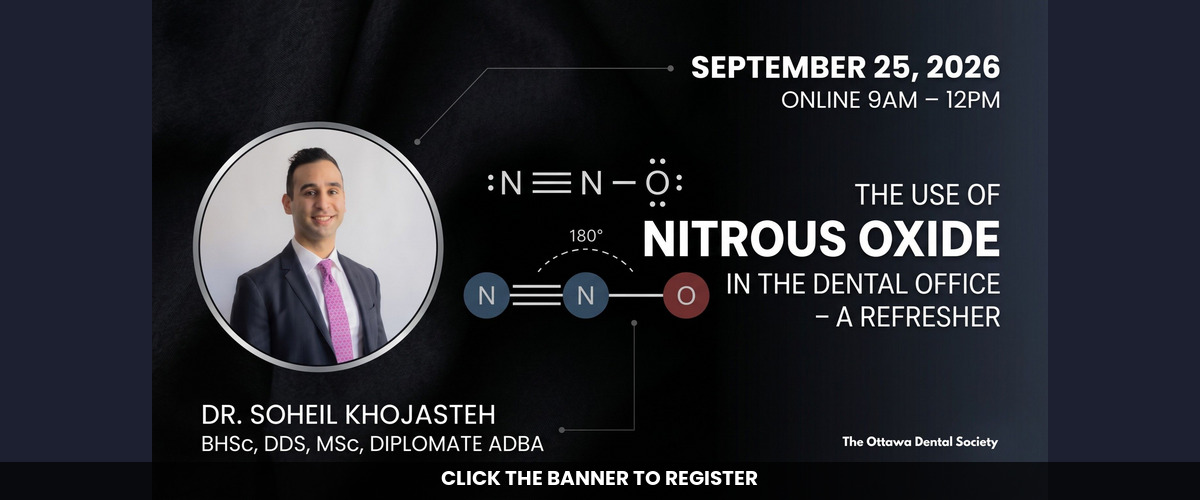CE event banner: The Use of Nitrous Oxide in the Dental Office – A Refresher, presented by Dr. Soheil Khojasteh